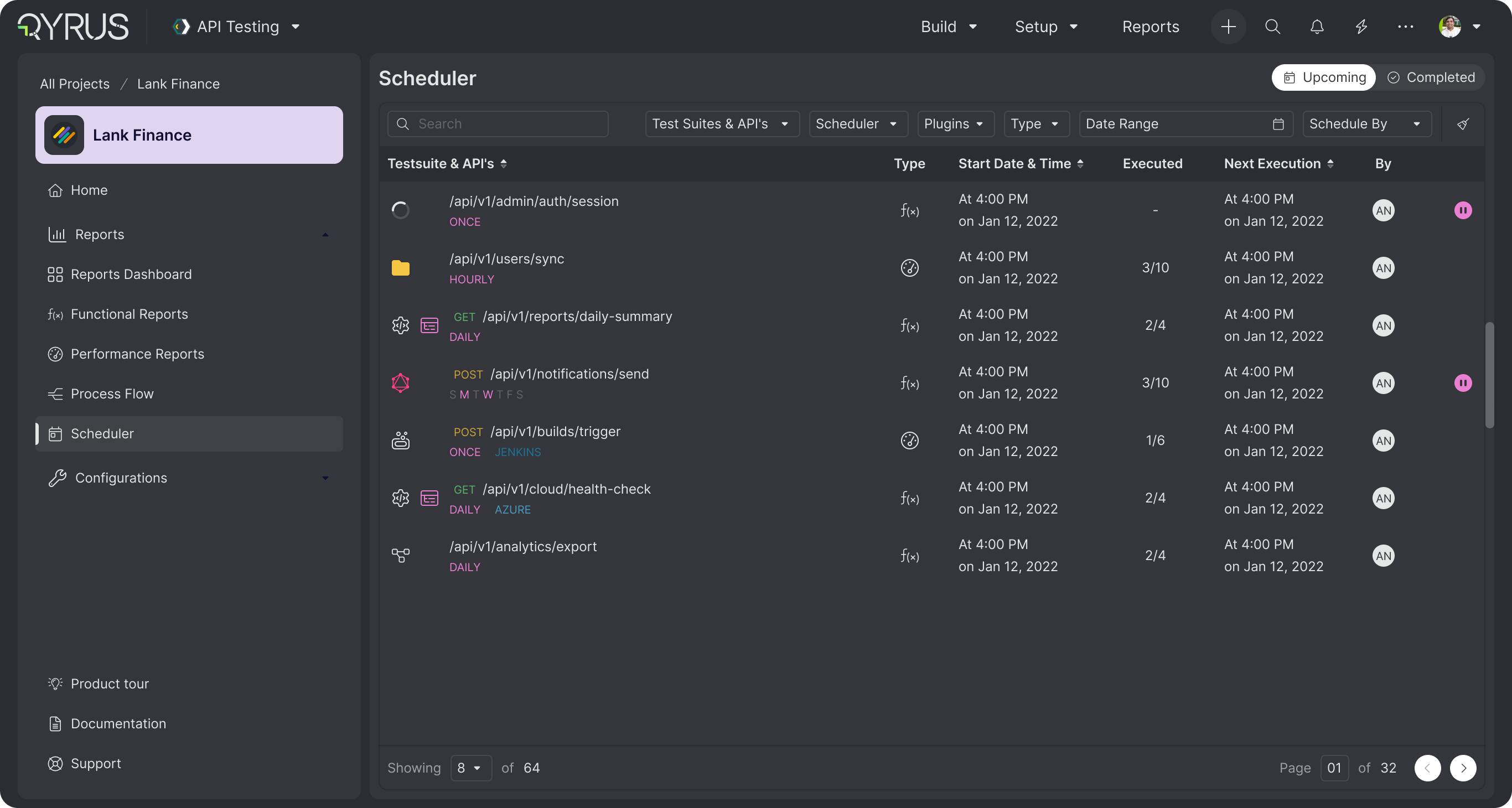 Qyrus scheduler showing test suites, APIs, run types, owners, execution counts, and upcoming runs